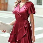 Zeagoo Women Stain Dress Wrap V Neck Short Sleeve Tie Waist Ruffle Mini Flowy Dresses (US Only)