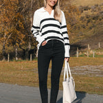 Zeagoo Women's Fall Striped Sweater V Neck Oversized Knitted Tops