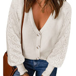 Lantern Sleeve Button Down Cable Knit Sweate - Zeagoo (Us Only)