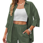 Linen Shirt Elastic Waist Casual Shorts Set - Zeagoo (Us Only)