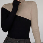 Asymmetric Patchwork Long Sleeve Mock Neck Knit Top