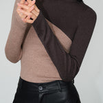 Asymmetric Patchwork Long Sleeve Mock Neck Knit Top