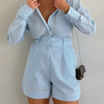 Cotton and Linen Long Sleeve Loose Shorts Set