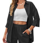Linen Shirt Elastic Waist Casual Shorts Set - Zeagoo (Us Only)