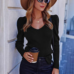 Zeagoo V Neck Sweaters Casual Puff Sleeve Pullover Sweater
