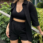 Linen Shirt Elastic Waist Casual Shorts Set - Zeagoo (Us Only)