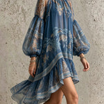 Vintage elegant printed long-sleeve loose mini dress