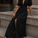 Evelyn | Elegant Deep V-Neck Button Front Maxi Dress