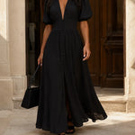 Evelyn | Elegant Deep V-Neck Button Front Maxi Dress
