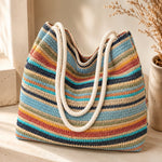 Multicolor Striped Woven Tote Bag with Rope Handles