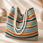 Multicolor Striped Woven Tote Bag with Rope Handles