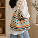 Multicolor Striped Woven Tote Bag with Rope Handles