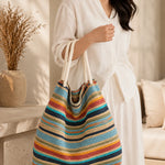 Multicolor Striped Woven Tote Bag with Rope Handles