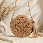 Round Woven Crossbody Bag with Tassel