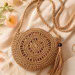Round Woven Crossbody Bag with Tassel