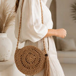 Round Woven Crossbody Bag with Tassel