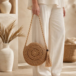 Round Woven Crossbody Bag with Tassel