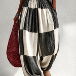Pleated Crop Top & Color Block Wide Leg Plaid Pants Two Piece Vacation Set