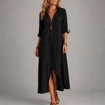Black Button-Front Bohemian Shirt Maxi Dress