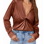Satin V Neck Twist Front Silk Shirts - Zeagoo (Us Only)
