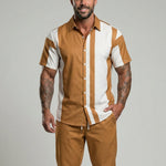 KZZ Men's Two-Piece Loungewear Set: Color-Block Printed Short-Sleeve Top and Long Pants