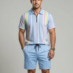 KZZ Men's Colorblock Striped Print Short Sleeve Shirt & Shorts Two-Piece Set
