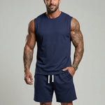 KZZ Men's Solid-Color Ribbed Sleeveless Vest and Shorts Two-Piece Set