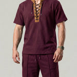 KZZ Men's Solid-Color Short-Sleeve Lace-Up Shirt and Shorts