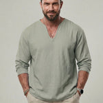 KZZ Men's V Neck Linen Shirt Casual Loose Fit Long Sleeve Top