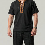 KZZ Men's Solid-Color Short-Sleeve Lace-Up Shirt and Shorts