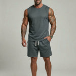 KZZ Men's Solid-Color Ribbed Sleeveless Vest and Shorts Two-Piece Set