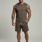 KZZ Men's Solid-Color Ribbed Sleeveless Vest and Shorts Two-Piece Set