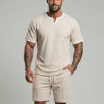 KZZ Men's Business Casual Sport Solid Color V-Neck Short Sleeve Shorts Set