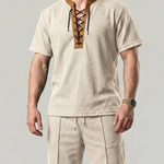 KZZ Men's Solid-Color Short-Sleeve Lace-Up Shirt and Shorts
