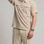 KZZ Men's Business-Casual Waffle-Knit Short-Sleeve Shirt and Shorts Set