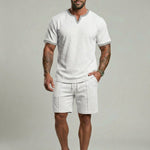 KZZ Men's Business Casual Sport Solid Color V-Neck Short Sleeve Shorts Set