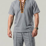 KZZ Men's Solid-Color Short-Sleeve Lace-Up Shirt and Shorts