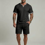 KZZ Men's Business Casual Sport Solid Color V-Neck Short Sleeve Shorts Set