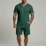 KZZ Men's Business Casual Sport Solid Color V-Neck Short Sleeve Shorts Set