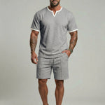 KZZ Men's Business Casual Sport Solid Color V-Neck Short Sleeve Shorts Set