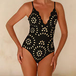 Black Laser Cutting Flower Hollow One Piece Swimsuit and Skirt