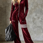 Burgundy Velvet Hooded Zipper Wide Leg Jumpsuit