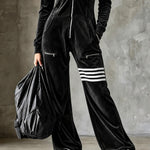 Black Velvet Hooded Zipper Wide Leg Jumpsuit