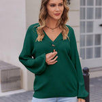 Zeagoo Women V Neck Sweater Lantern Sleeve Drop Shoulder Oversized Henley Knit Pullover Tops S-XXL