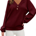 Zeagoo Women V Neck Sweater Lantern Sleeve Drop Shoulder Oversized Henley Knit Pullover Tops S-XXL