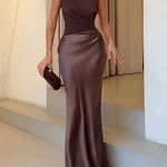 One Shoulder Neck Pleated Party Maxi Dress