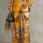 Orange Baroque Print Long Sleeve Shirt & Wide Leg Pants Two-Piece Set
