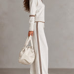White Half-zip Collar Ribbed Sweatshirt And Color-blocked Wide-leg Pants Suit