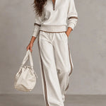 White Half-zip Collar Ribbed Sweatshirt And Color-blocked Wide-leg Pants Suit