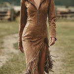 Suede Long-sleeved Irregular Tassel Hem Midi Dress